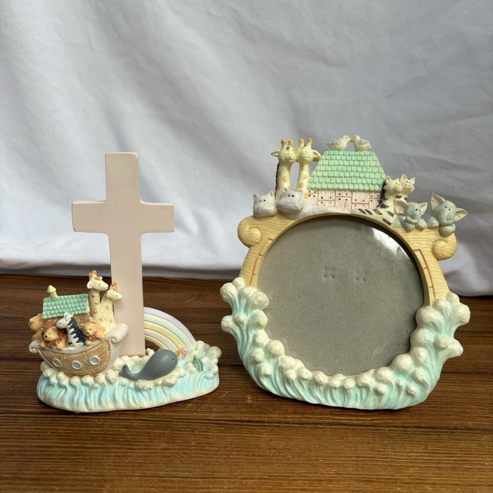 Russ Noah's Ark Cross & Round Photo Frame Set Nursery Baby Christian Decor